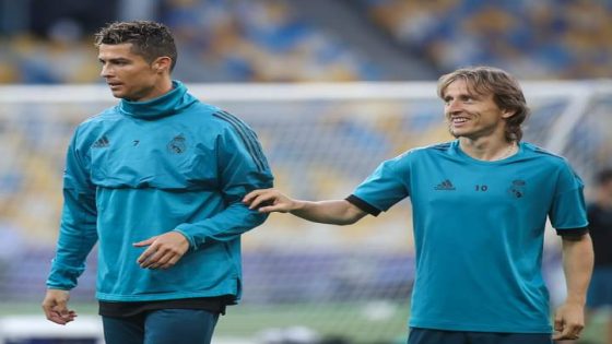 Real Madrid's Cristiano Ronaldo (L) and Luka Modric (R) attend a training session at the Olimpiyskiy Stadium in Kiev, Ukraine, 25 May 2018.The 2018 UEFA Champions League Cup final football match between Real Madrid and Liverpool FC will held on May 26 at the Olimpiyskiy Stadium. (Photo by Ahmad Mora/NurPhoto via Getty Images)